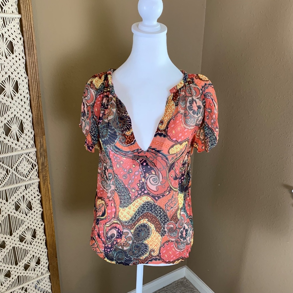 ALC‎ June Silk Flutter Sleeve Blouse V-Neck Retro Paisley Floral Pattern sz 4